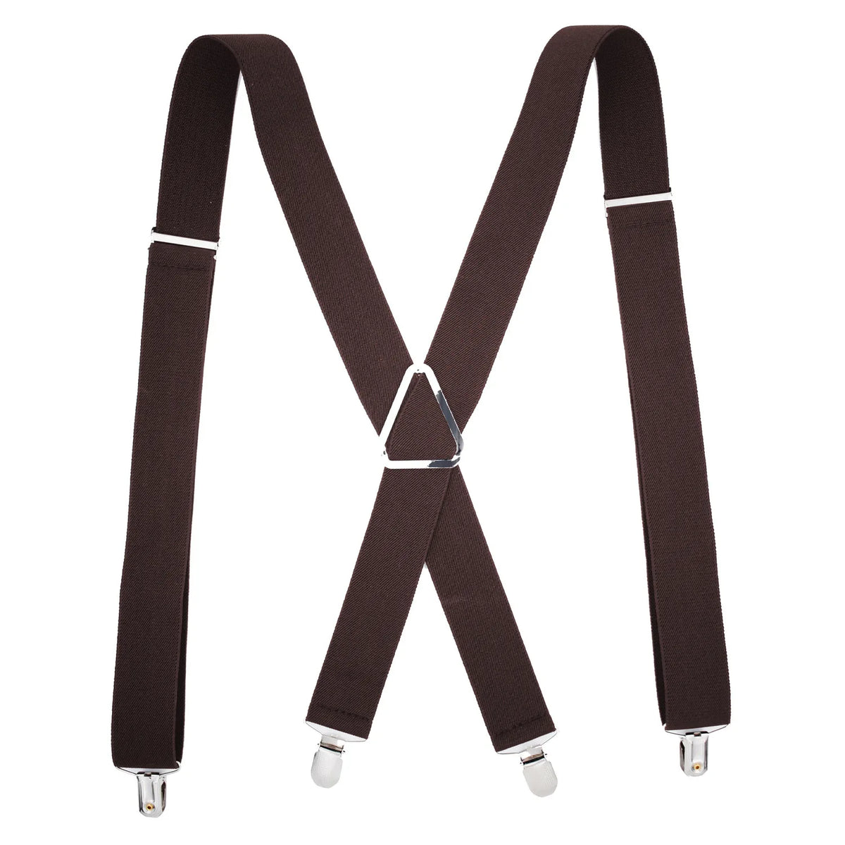 A pair of dark brown suspenders with metal clips shown against a white background.