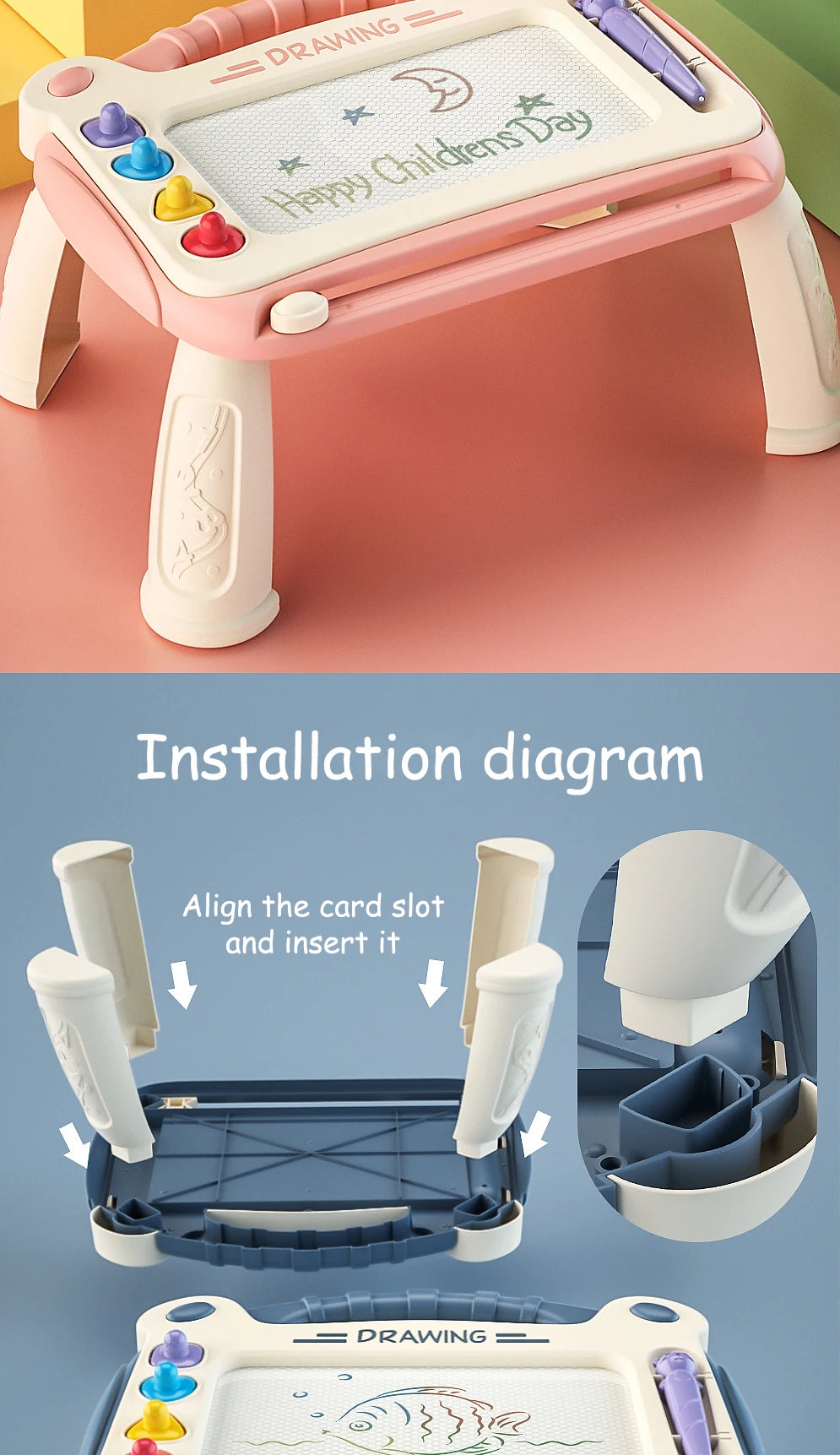 A pink magnetic drawing board for kids with an erasable pen and installation diagram.