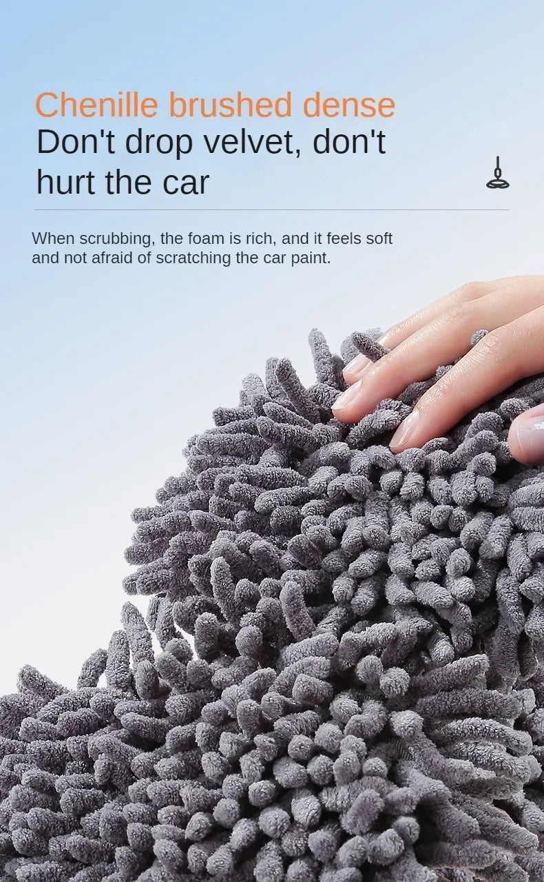 Close-up of a dark gray chenille brush head for an extendable car wash mop.