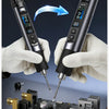 A pair of hands holds a precision control soldering iron, demonstrating its left or right friendly adjustment feature and tip