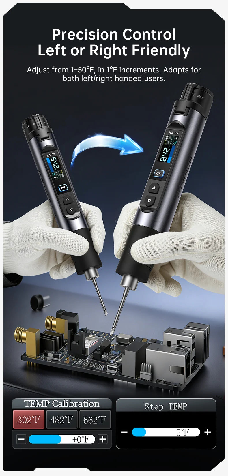 A pair of hands holds a precision control soldering iron, demonstrating its left or right friendly adjustment feature and tip