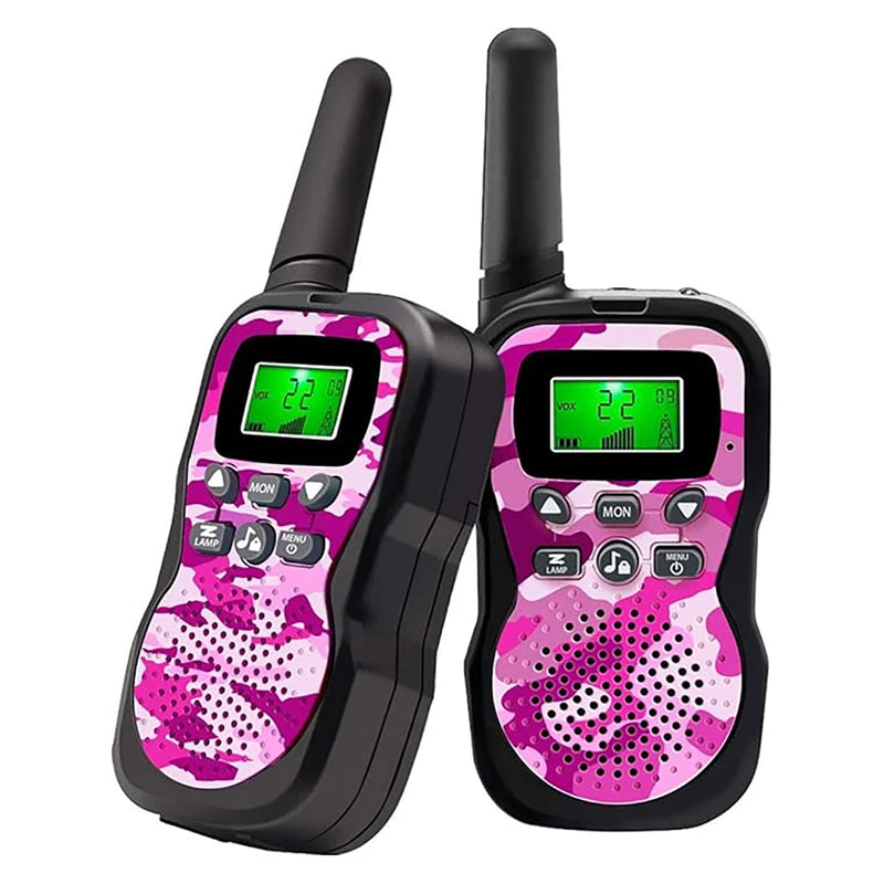 A pair of pink and black walkie-talkies with digital displays and microphones are shown.