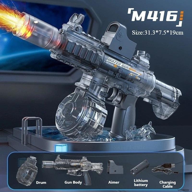 A detailed model of an M416 water gun replica is shown with accessories on a display stand.