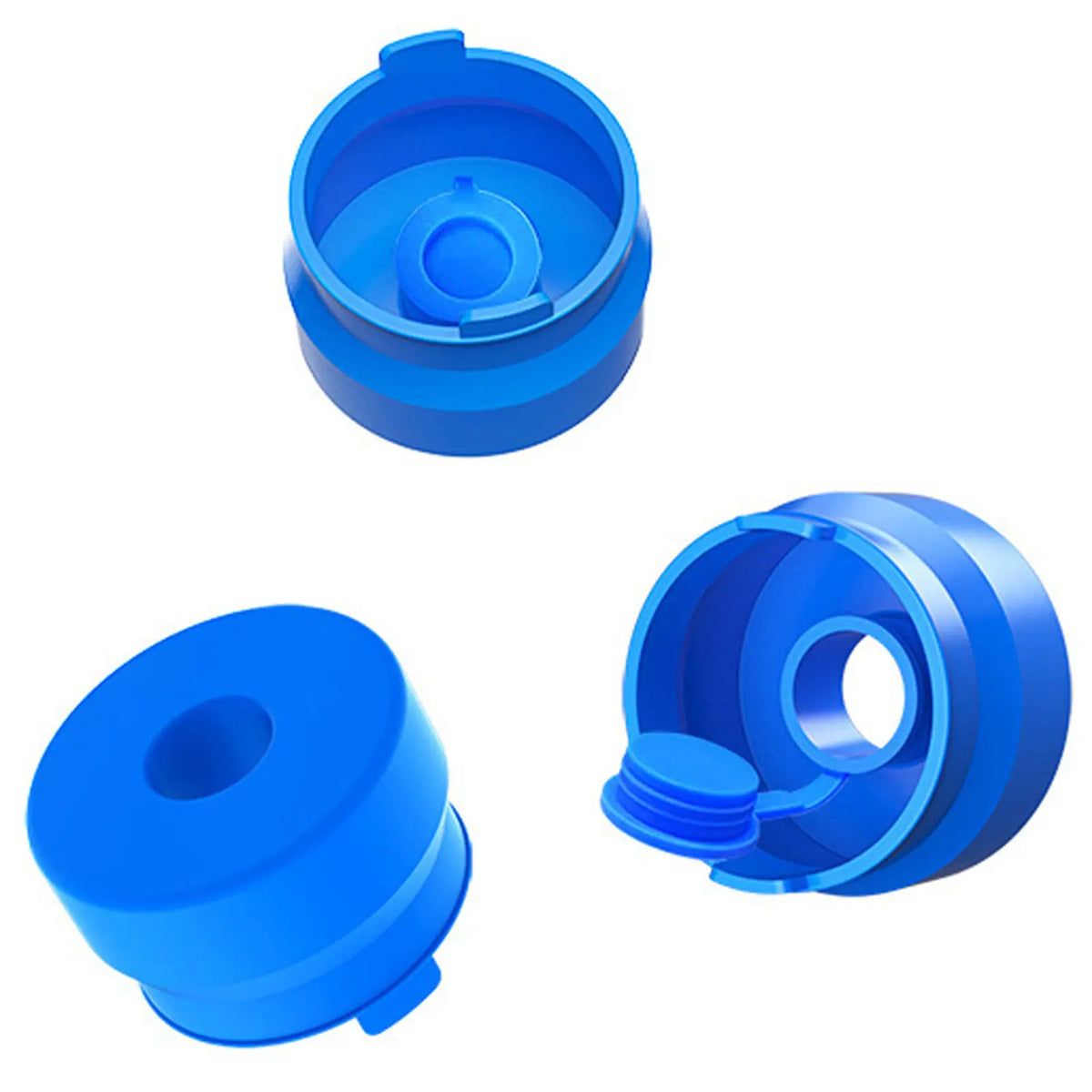 Three blue reusable silicone water jug caps shown in different views
