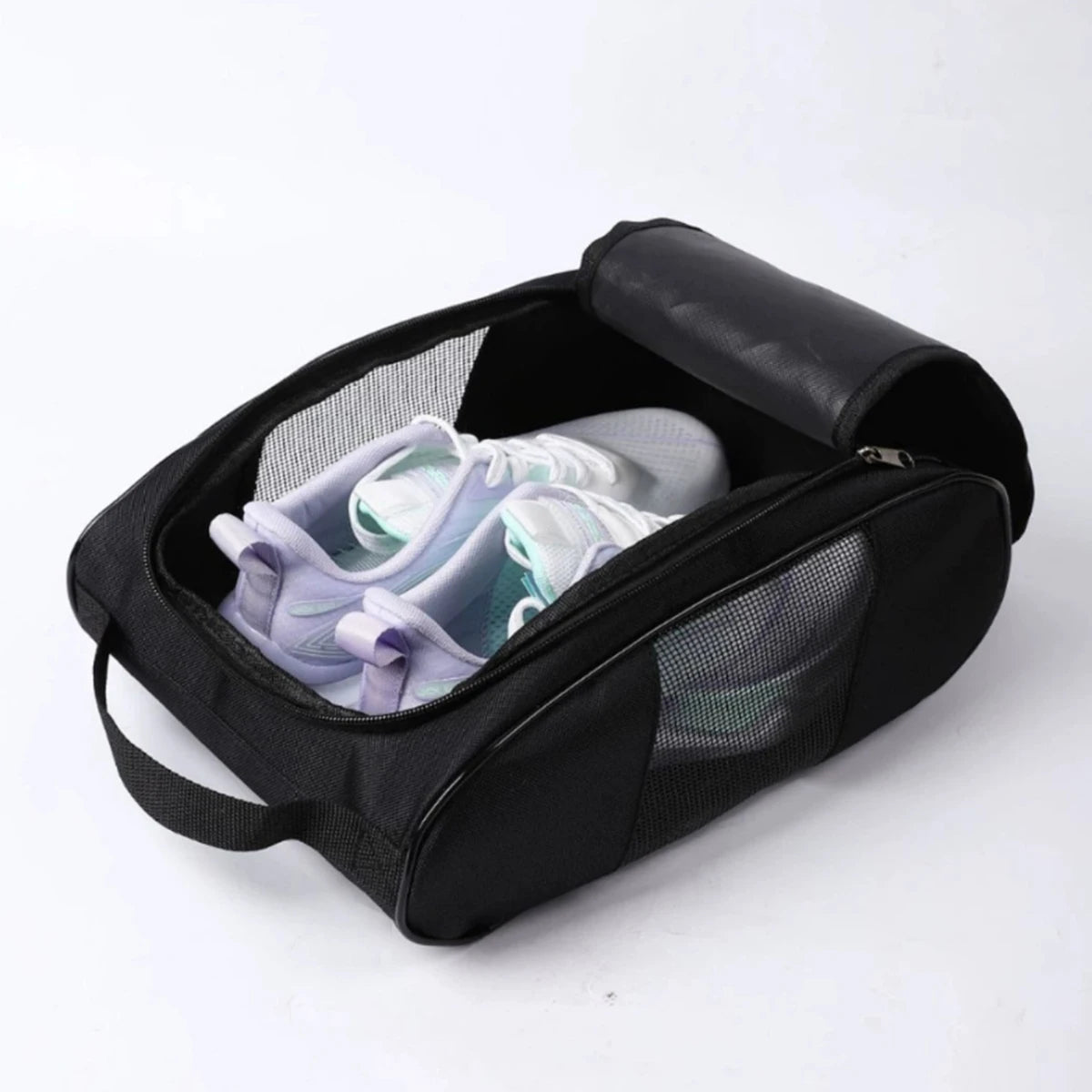 Black breathable oxford cloth shoe storage bag with a zippered lid and mesh lining