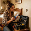 A woman holds a black wall repair paste kit with various tools and applicators in a domestic setting.