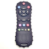 A black silicone baby teether with various buttons and a textured surface.