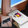 A white desk features a 4-port USB power outlet with PD 3.0 and QC 3.0 fast charging ports.