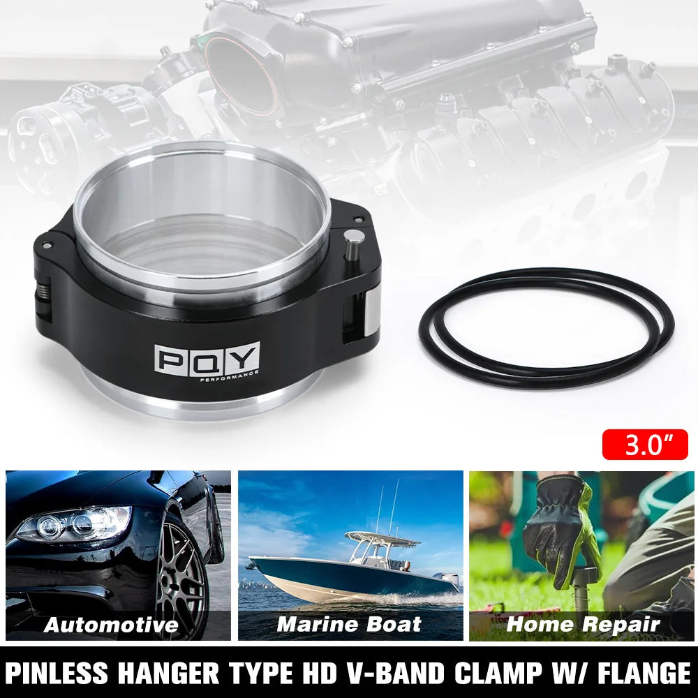 Pinless hanger type HD V-band clamp with flange assembly for automotive and marine boat repairs