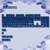 A close-up view of a blue mechanical keyboard featuring an Iceberg theme and crystal clear keycaps.