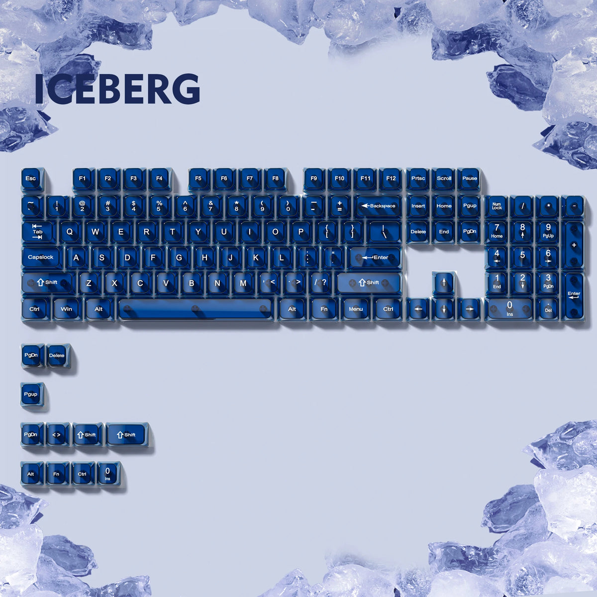 A close-up view of a blue mechanical keyboard featuring an Iceberg theme and crystal clear keycaps.