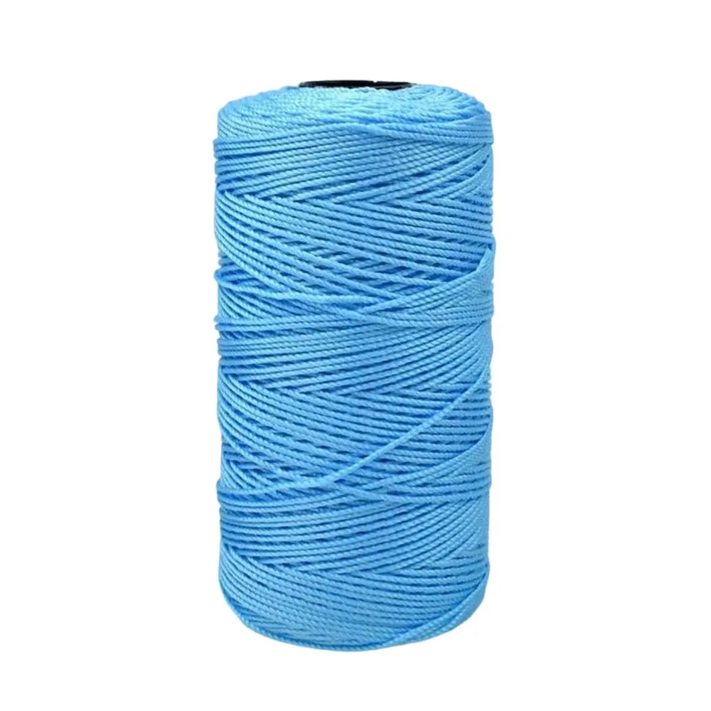 A spool of bright blue ice cotton silk thread for knitting and crochet.