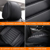 Close-up view of a black car seat cover set highlighting features like full covered headrest, breathable holes, 3D support, a