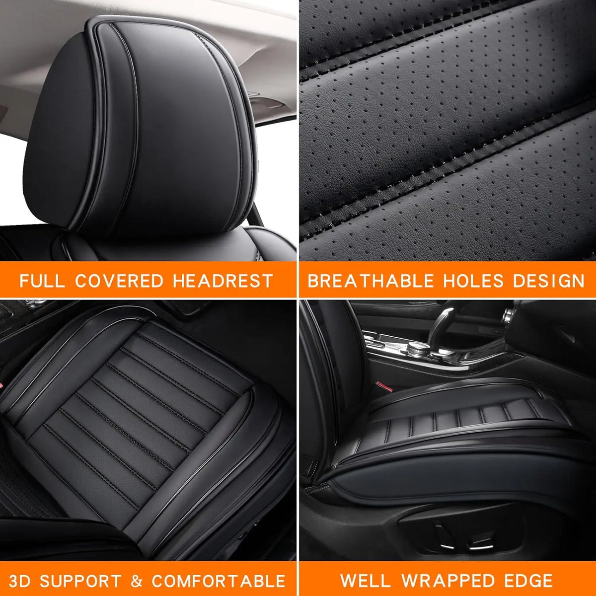 Close-up view of a black car seat cover set highlighting features like full covered headrest, breathable holes, 3D support, a