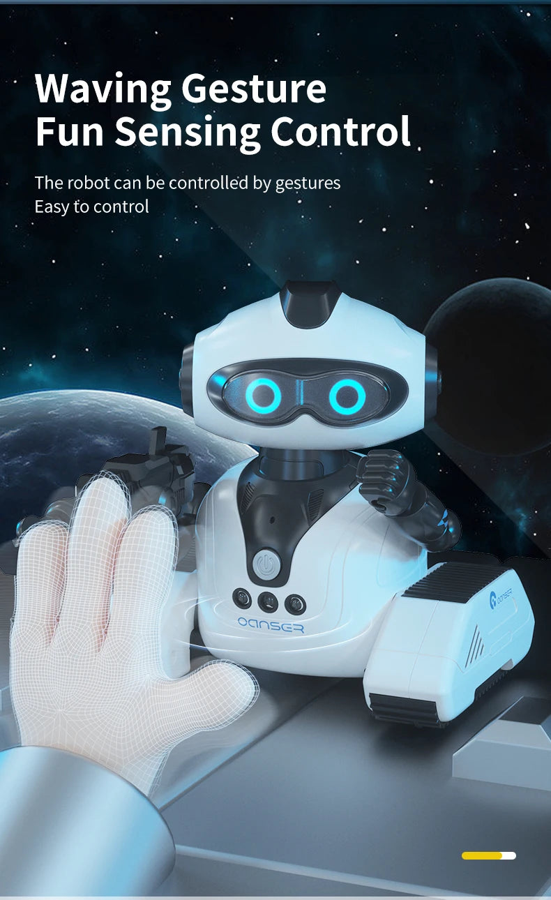 A white robot toy with glowing blue eyes is shown interacting with a hand, demonstrating waving gesture fun sensing control.