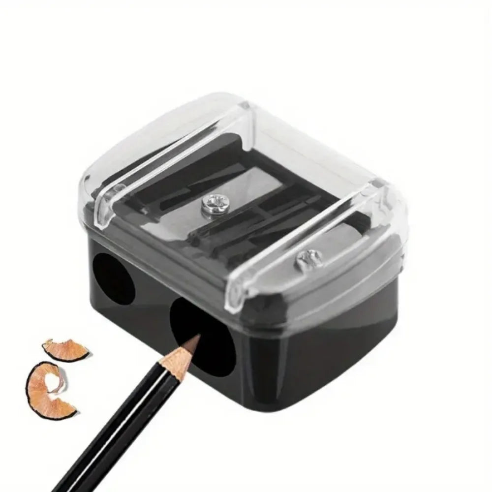Clear plastic automatic dual-hole pencil sharpener with a black base and an orange pencil tip.