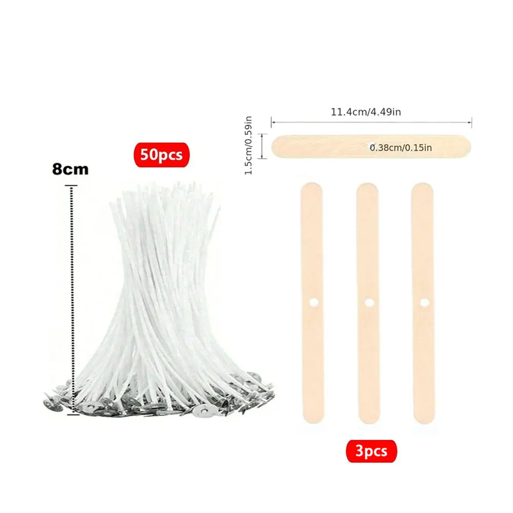 A set of 50 natural cotton candle wicks with metal stands shown next to individual wicks.
