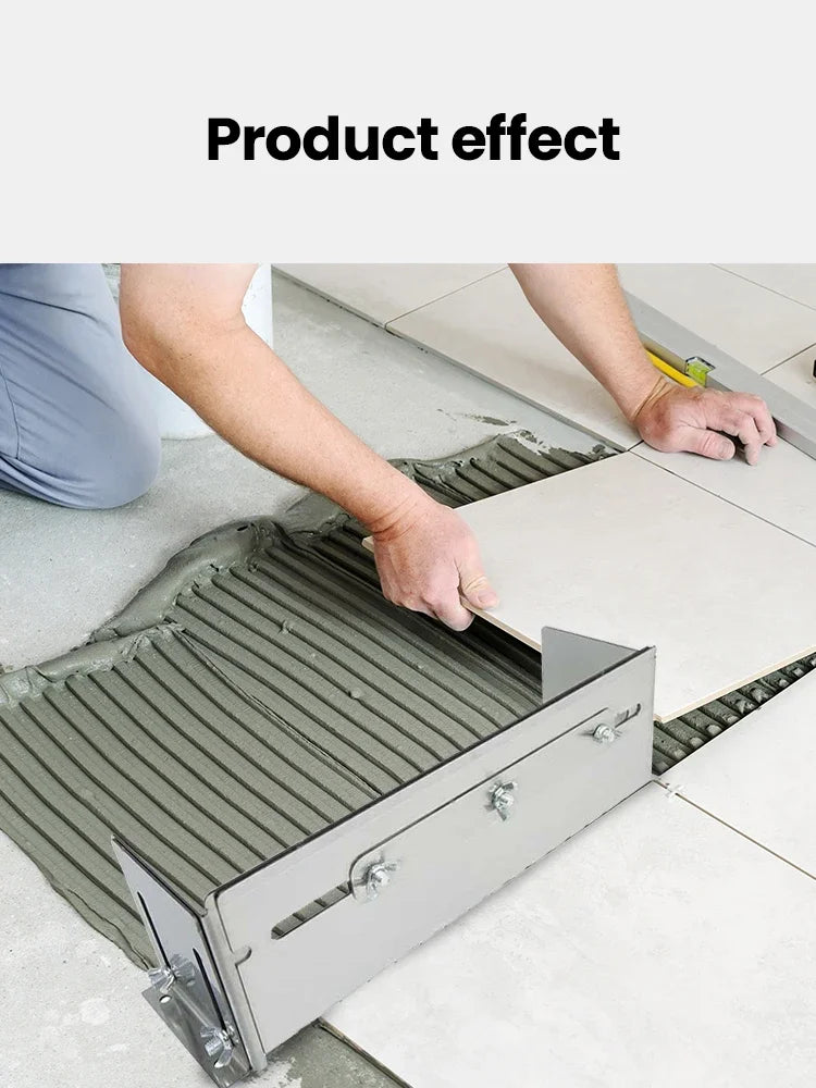 Hands apply adhesive to a tile using an adjustable notched trowel on a floor surface.