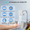 A hand is holding a glass under a kitchen faucet, demonstrating various threaded adapters for faucet mounting.