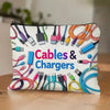 A white canvas pouch filled with various charging cables and chargers.