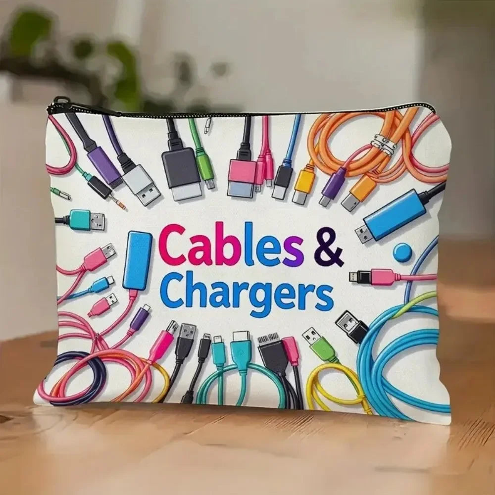 A white canvas pouch filled with various charging cables and chargers.