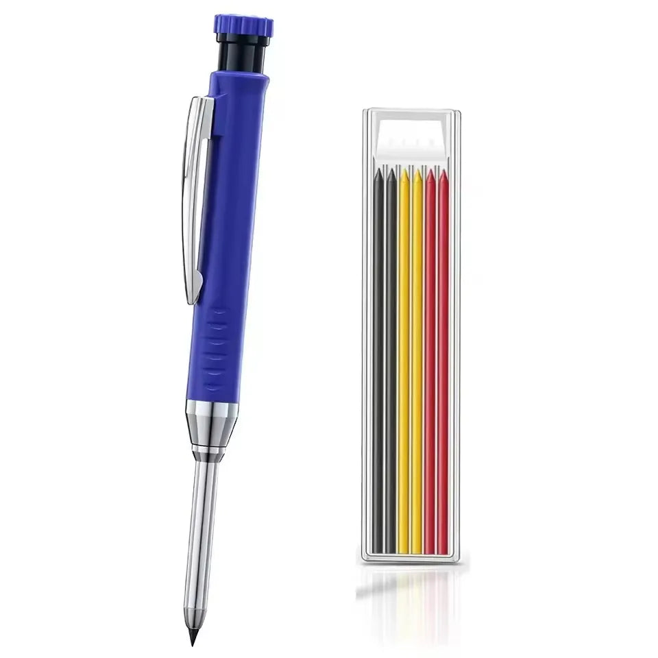 A blue precision mechanical pencil with a silver tip and a clear plastic case containing colored pencils.