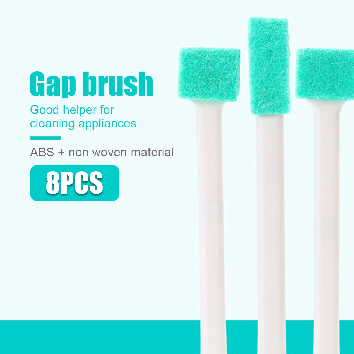 A set of eight teal gap brushes with white handles made of ABS and non-woven material for cleaning appliances.