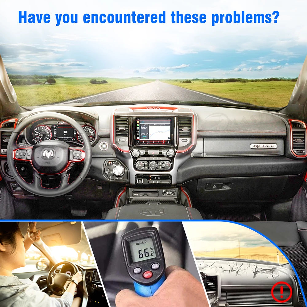Interior view of a Dodge Ram truck dashboard showing a custom fit dash cover installation.