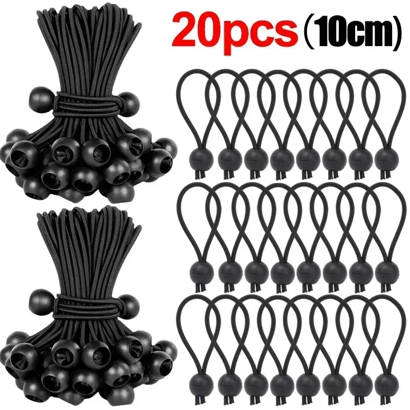 20 pieces of black heavy duty bungee cords with elastic ball ends, 10cm long.