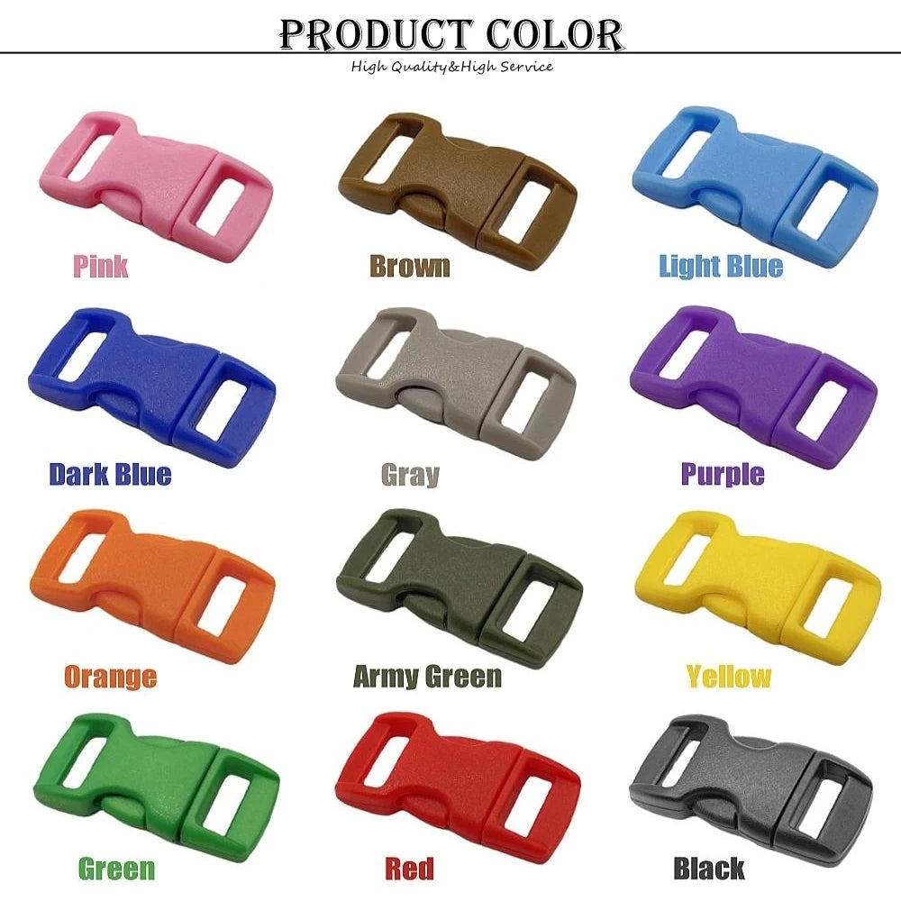 A grid showing various colors of plastic side-release buckles including pink, brown, light blue, dark blue, gray, purple, yel