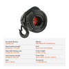 A coiled black synthetic winch rope with a forged hook is shown against a white background.