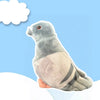 A soft gray plush toy of a pigeon with a slightly wrinkled appearance is shown against a light blue background.