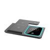 A black foldable wireless charging station with a square charging pad and a rectangular power unit.