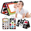 A high-contrast crinkle cloth book with a tummy time mirror for babies featuring various shapes and animals.