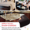 Soft baby corner guards for furniture safety shown in various contexts including a bed, living room, and kitchen countertop.