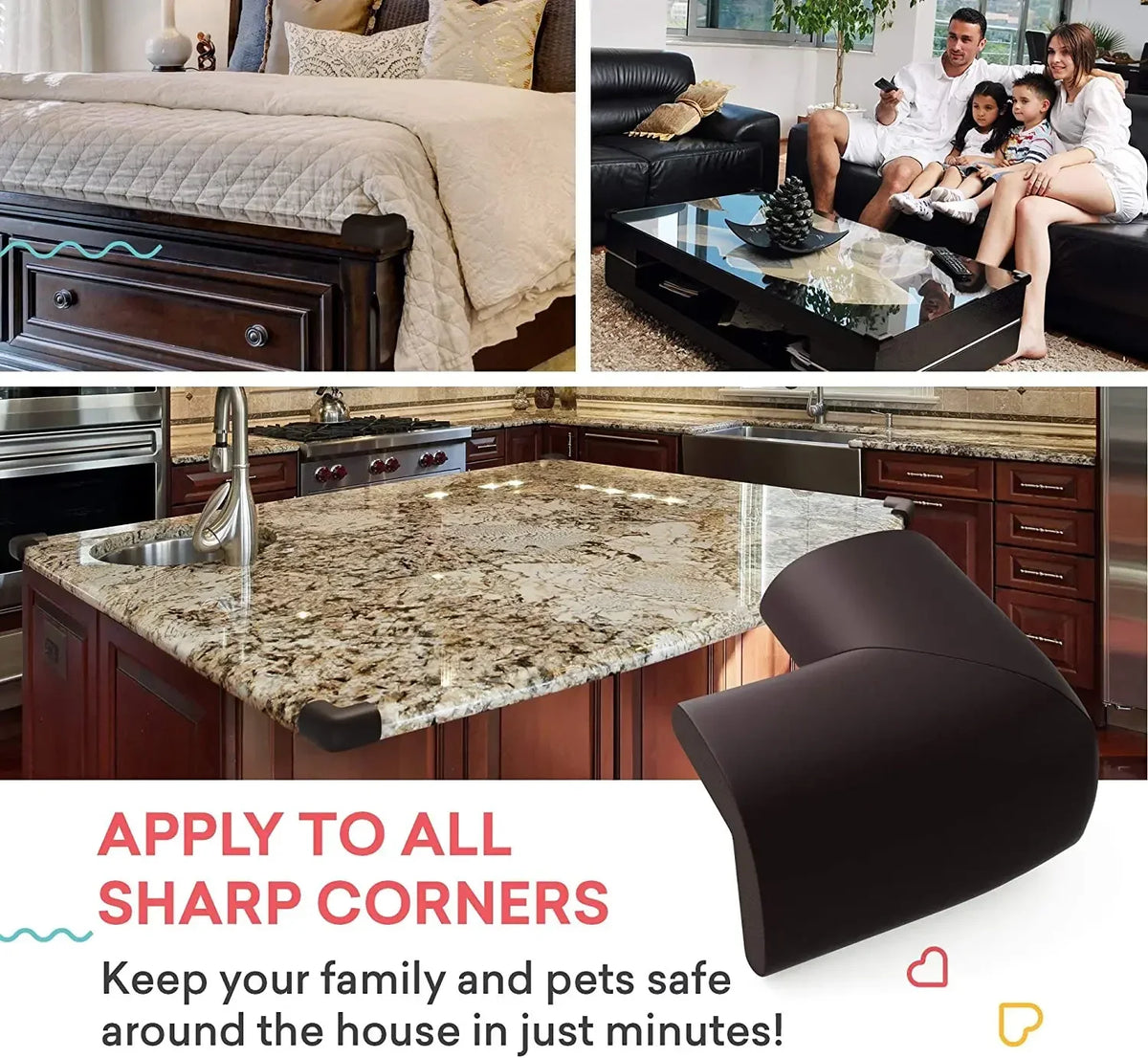 Soft baby corner guards for furniture safety shown in various contexts including a bed, living room, and kitchen countertop.