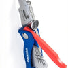 A blue heavy-duty utility knife with a red blade is shown against a white background.