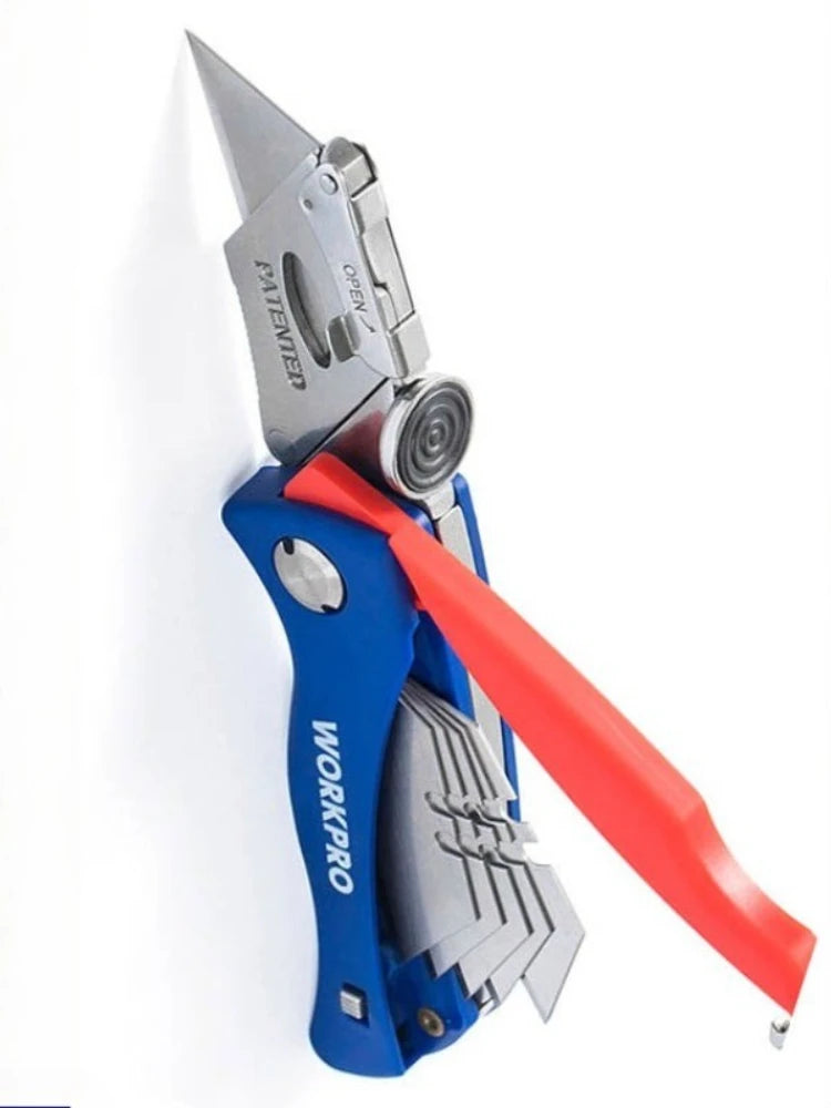 A blue heavy-duty utility knife with a red blade is shown against a white background.