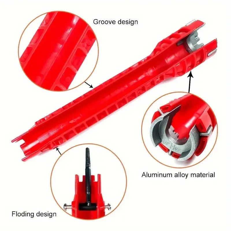 Red aluminum alloy faucet and sink wrench set with groove design and flooding feature
