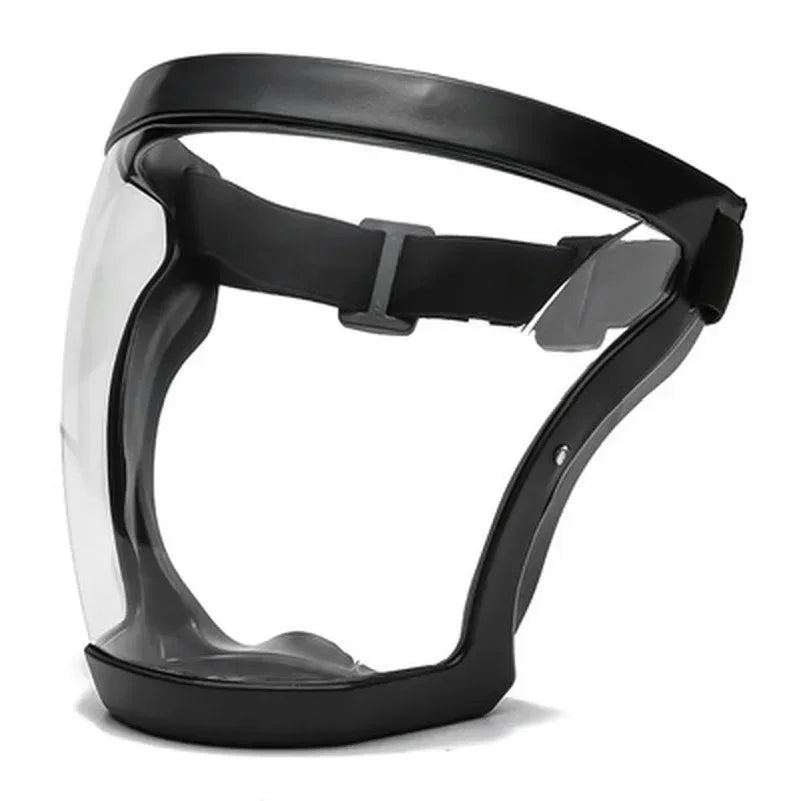 Black full face anti-fog splash shield with a clear visor and adjustable strap.