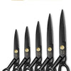 A set of twelve professional tailor scissors in black, showing sizes 8 through 12.