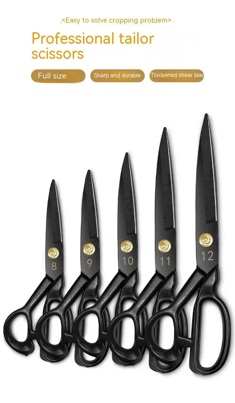 A set of twelve professional tailor scissors in black, showing sizes 8 through 12.