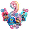 A collection of pink and blue balloons shaped like the number 9 and various character-themed balloons for a music-themed birt