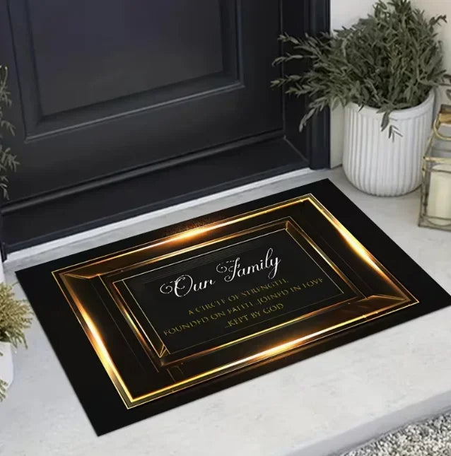Elegentliche goldgerahmte Fußmatte mit der Inschrift „Unsere Familie“ und Grünzeug auf einer hellen Oberfläche.