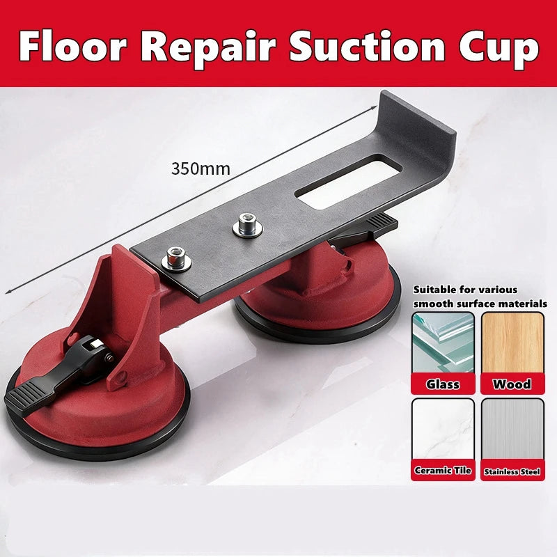 A black floor repair suction cup tool with a red base and a metal plate, shown in a close-up view.