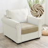 A cream-colored plush velvet stretch sofa seat cover with vertical stripes and a beige cushion.