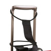 A black reusable elastic luggage strap is shown attached to a brown travel frame.