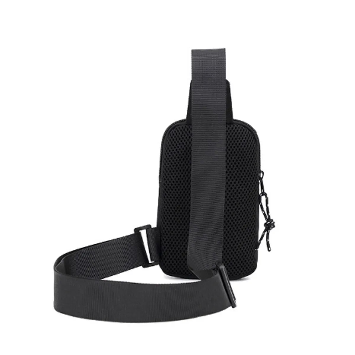 Black canvas crossbody bag with adjustable strap and pouch