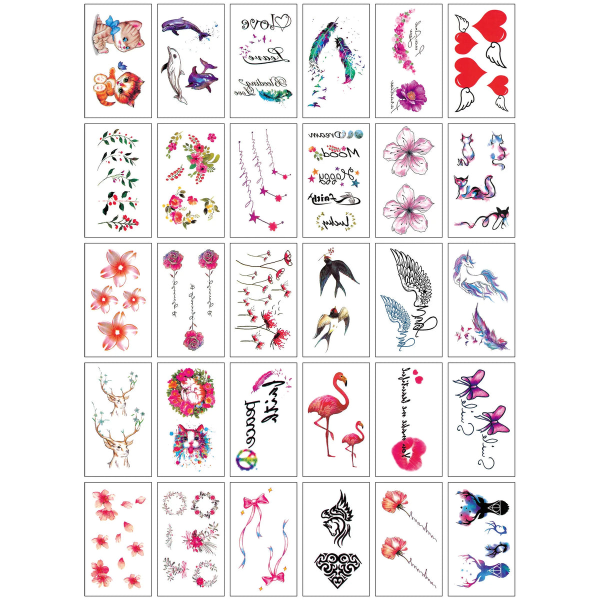 Colección de pegatinas temporales con diseños de luna, estrella, diablo y diversas flores.