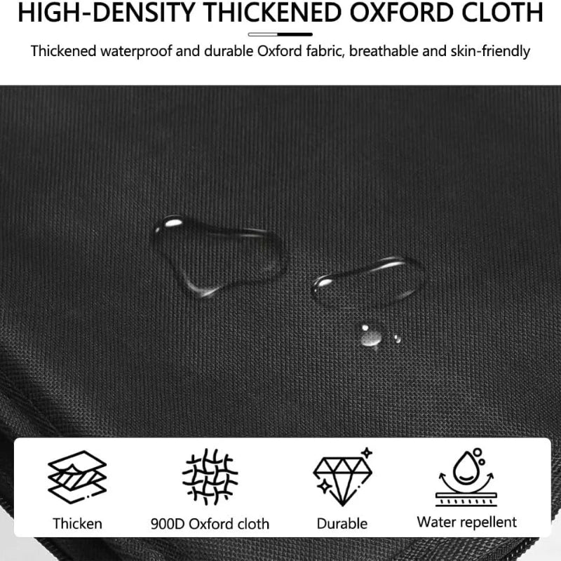 Close-up of black high-density thickened Oxford cloth fabric showing texture and water repellency features.